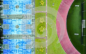 Aerial view of empty sport fields on the university campus