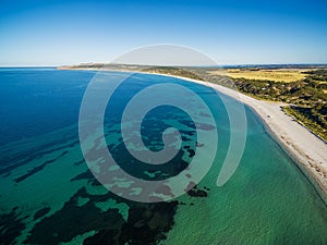 Aerial view of Emu bay turquoise ocean in summer. Kangaroo Island, South Australia.