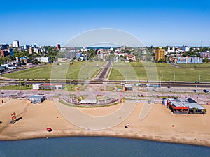 Aerial view of Encarnacion in Paraguay overlooking the San Jose beach.