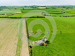 Aerial view of endless lush pastures and farmlands of Ireland. Beautiful Irish countryside with emerald green fields and meadows