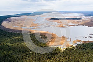 Aerial view of Engure lake, island in it and sea, Latvia