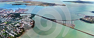 Aerial view of the entrance of Waitemata Harbour in Auckland New Zealand