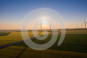 Aerial view of Eolian generators in a beautiful wheat field. Eolian turbine farm. Wind turbine silhouette. Wind mill turbines. Win