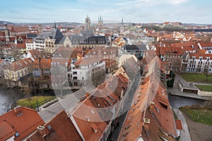 Aerial view of Erfurt City with Merchantâ€™s Bridge KrÃ¤merbrÃ¼cke - Erfurt, Thuringia, Germany