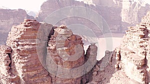 Aerial view of the eroded peaks of the Wadi Rum mountains.