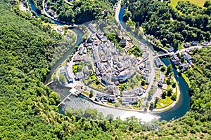 Aerial view of Esch-sur-Sure, medieval town in Luxembourg, dominated by castle, canton Wiltz in Diekirch.