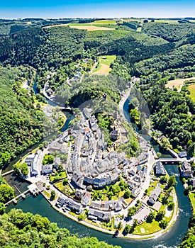 Aerial view of Esch-sur-Sure, medieval town in Luxembourg, dominated by castle, canton Wiltz in Diekirch.