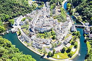 Aerial view of Esch-sur-Sure, medieval town in Luxembourg, dominated by castle, canton Wiltz in Diekirch.