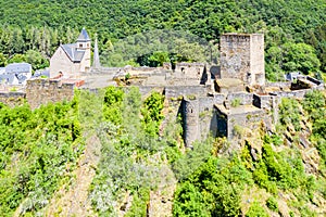 Aerial view of Esch-sur-Sure, medieval town in Luxembourg, dominated by castle, canton Wiltz in Diekirch.