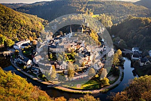 Aerial view of Esch-sur-Sure, medieval town in Luxembourg, dominated by castle, canton Wiltz in Diekirch. Forests of Upper-Sure