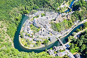 Aerial view of Esch-sur-Sure, medieval town in Luxembourg, dominated by castle, canton Wiltz in Diekirch.