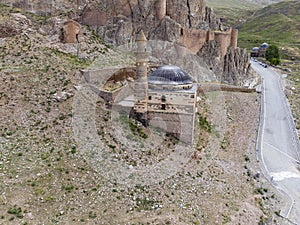 Aerial view of Eski Bayezid Cami, mosque located near Ishak Pasha Palace, Dogubayazit district. Turkey, Asia. photo