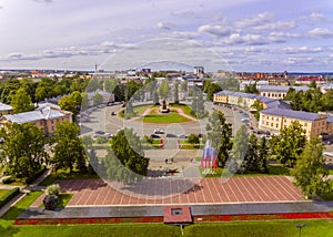 Aerial view of Eternal Flame memorial and Lenin Square with his granite monument
