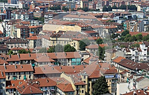 Aerial view of a European city with roofs