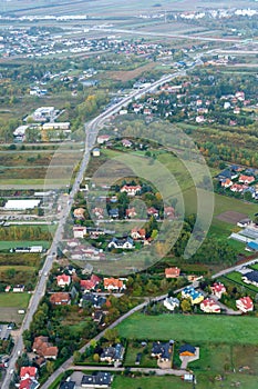 Aerial view of European town from landing airplane