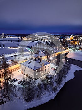 Aerial view of evening city Joensuu in winter, Finland photo