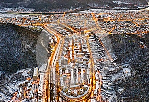 Aerial view of evening mountain city