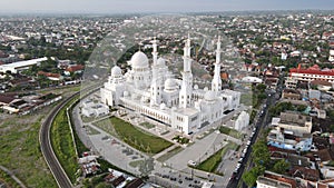 Aerial view in the evening, Sheikh Zayed Grand Mosque in Surakarta, Central Java, Indonesia. Very beautiful and majestic