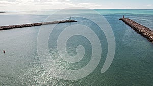 Aerial view of exit-entrance to Vilamoura Marina in Algarve, Portugal