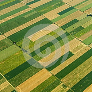 Aerial view of expansive agricultural fields in a patchwork pattern, showcasing varied photo