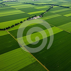 Aerial view of expansive agricultural fields with varying shades of green, creating photo