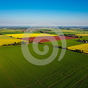 Aerial view of expansive farmland with distinct rectangular fields. Green fields photo