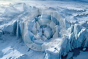 aerial view of expansive glacier with deep crevasses