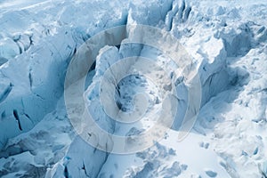 aerial view of expansive glacier with deep crevasses