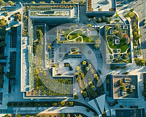 Aerial view of an expansive office complex, renowned as a collaborative hub and innovation center for leading-edge industries photo