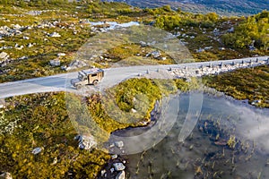 Aerial view with expedition vehicle in Norway