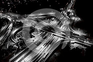 Aerial view Expressway motorway highway circus intersection at Night time Top view , Road traffic in city