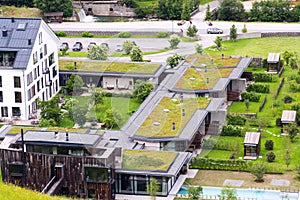 Aerial view of extensive green living sod roofs with vegetation