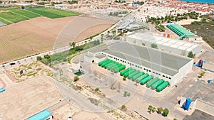 Aerial view. The exterior of a large modern production plant or factory, industrial exterior, modern production exterior