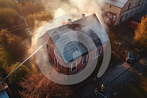 Aerial view of extinguish burning house roof, emergency