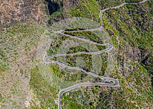 Aerial view of an extreme winding road in Tenerife mountains, Spain