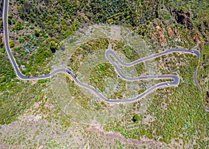 Aerial view of an extreme winding road in Tenerife mountains, Spain