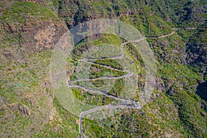 Aerial view of an extreme winding road in Tenerife mountains, Spain