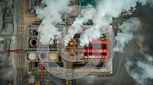 Aerial view of a factory emitting smoke, creating pollution hazard