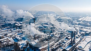 aerial view of factory pipes pollution problems