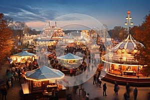 Aerial View of Fairground at Dusk, Vibrant Lights Illuminate the Night Sky, Beer tents and fairground rides on the Oktoberfest in