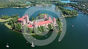 Aerial view of the fairytale castle in Trakai located on Lake Galve, Lithuania.