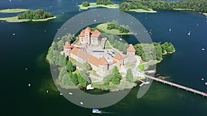 Aerial view of the fairytale castle in Trakai located on Lake Galve, Lithuania.