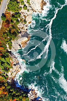 Aerial view of fall tree colors in New England. Bright autumn foliage