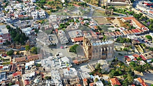 Aerial view of Famagusta walled city with Palazzo del Provveditore and Lala Mustafa Pasha Mosque. Cyprus