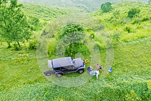 Aerial view of family having picnic with a car