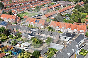 Aerial view family houses with backyards in Emmeloord, The Netherlands