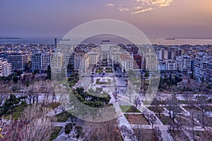 Aerial view of famous Aristotelous Square in Thessaloniki city at twilight, Greece