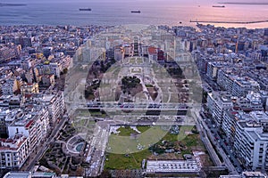 Aerial view of famous Aristotelous Square in Thessaloniki city at twilight, Greece