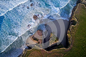 Aerial view of famous beach in Northern Spain in the sunset light