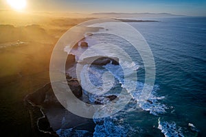 Aerial view of famous beach in Northern Spain in the sunset light